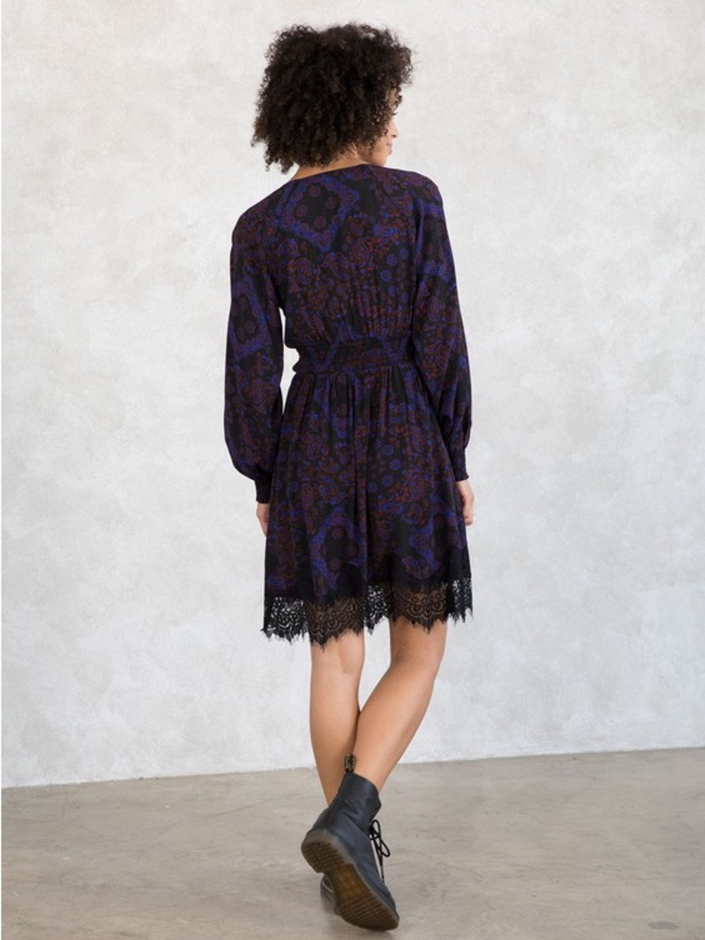 NWT LoveStitch Black dress lace vneck smocked waist- long sleeve paisley print S - Picture 4 of 7